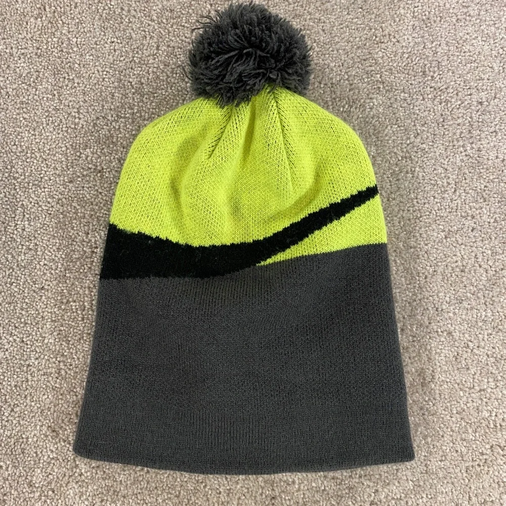 Nike Beanie Hat Youth Boys One Size Grey Neon Green Pom Pom Swoosh